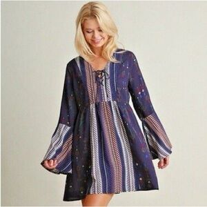 Umgee women’s black mixed print bohemian hippie tunic mini dress size M